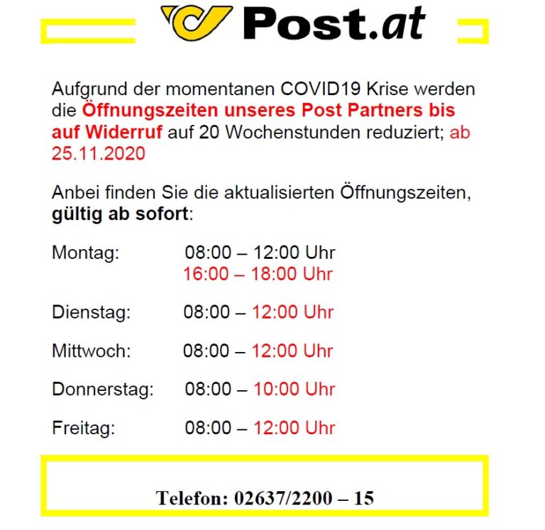 Geänderte Öffnungszeiten für den Postpartner | Grünbach am Schneeberg